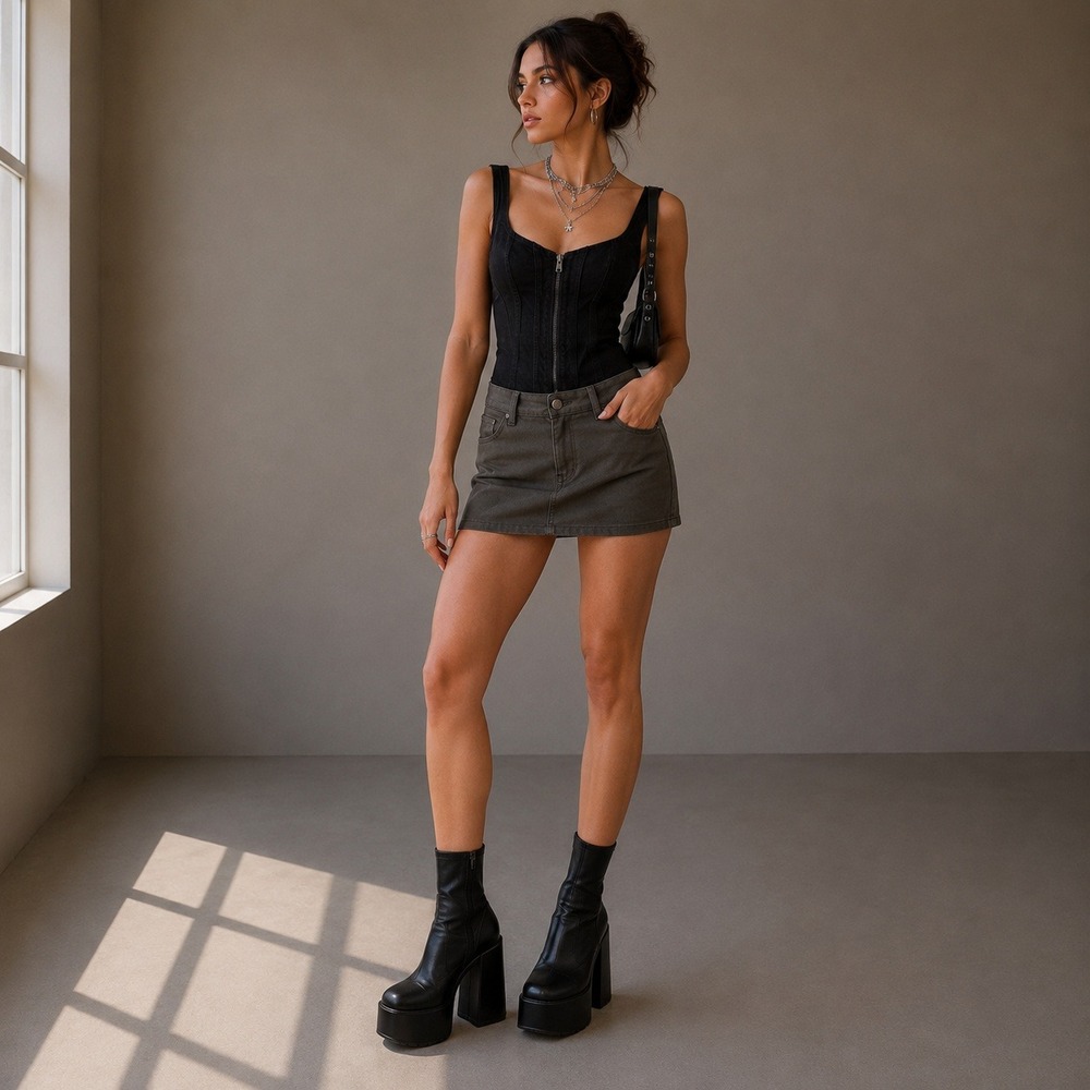 Y2K Edgy Black Denim Corset Top Women S Zip Front Sleeveless Tank